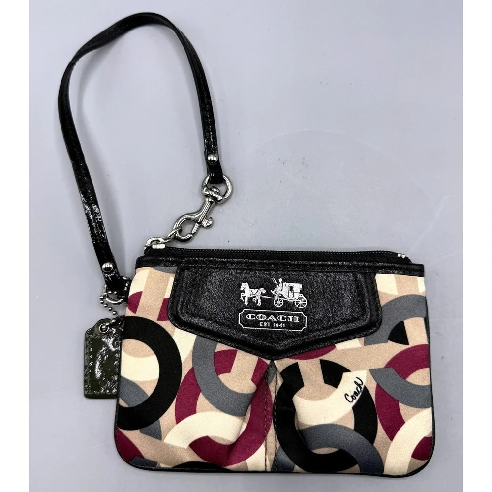 Coach Multicolor Geometric C Logo Sateen Wristlet Black Patent Leather Trim